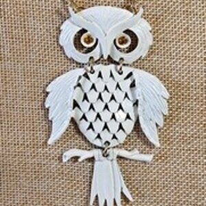 Enameled White Owl Pendent Necklace
